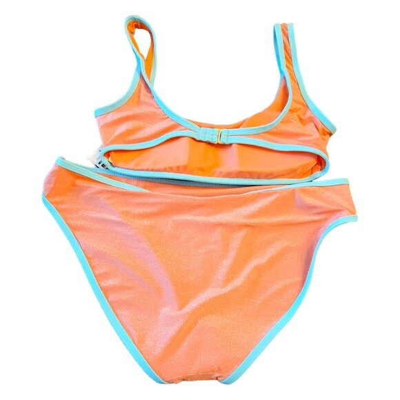 Bikini Swimsuit Salmon Pink Sparkle Sky Blue Trim Juniors XL 15-17 JH1709 - Picture 2 of 9